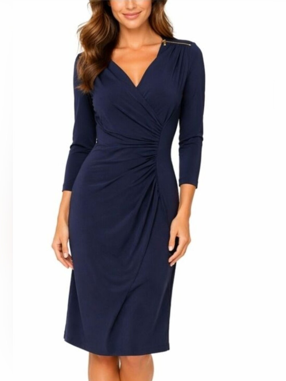 Calvin Klein Navy Faux-Wrap Ruched Midi Dress with Gold Zipper Detail